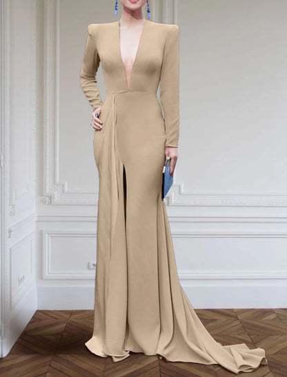 A-Line Evening Gown Plus Size Dress Formal Sweep / Brush Train Long Sleeve V Neck Stretch Fabric with Pleats Slit