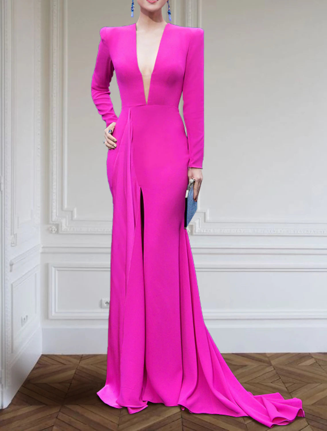 A-Line Evening Gown Plus Size Dress Formal Sweep / Brush Train Long Sleeve V Neck Stretch Fabric with Pleats Slit