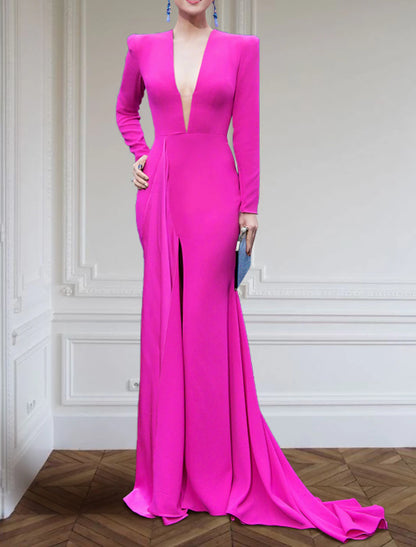 A-Line Evening Gown Plus Size Dress Formal Sweep / Brush Train Long Sleeve V Neck Stretch Fabric with Pleats Slit