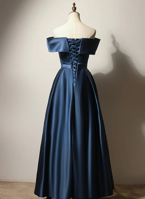 A-line Off Shoulder Navy Blue Satin Long Party Dress Evening Dresses