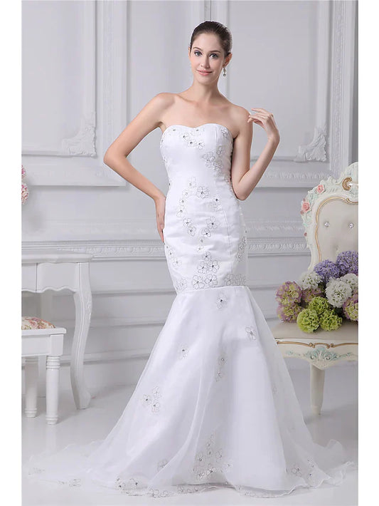 Wedding Dresses Strapless Chapel Train Organza Satin Strapless with Beading EmbroideryWedding Dresses Strapless Chapel Train Organza Satin Strapless with Beading Embroidery