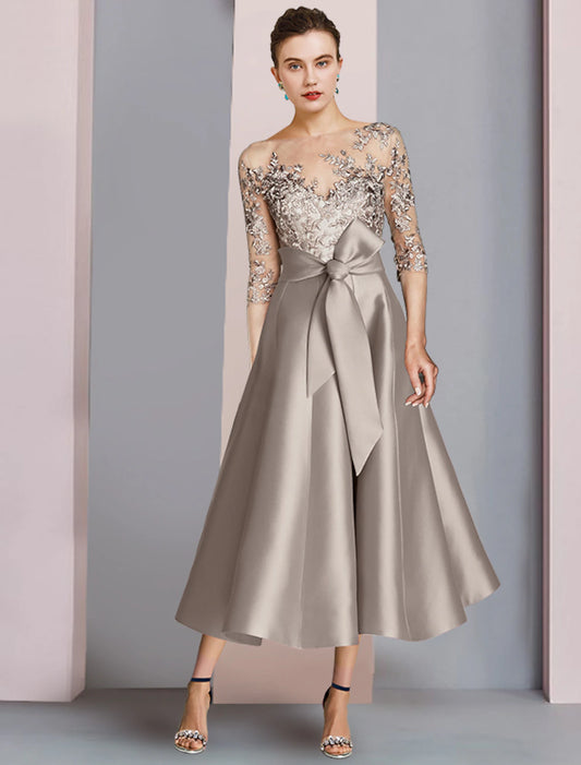 A-Line Mother of the Bride Dress Wedding Guest Elegant Tea Length Satin Lace Half Sleeve with Bow(s) Appliques