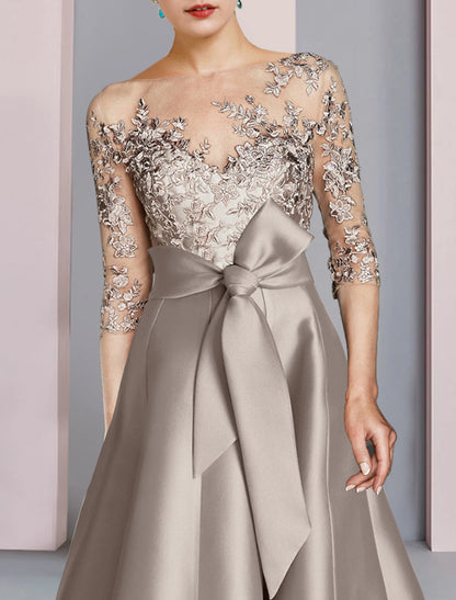 A-Line Mother of the Bride Dress Wedding Guest Elegant Tea Length Satin Lace Half Sleeve with Bow(s) Appliques