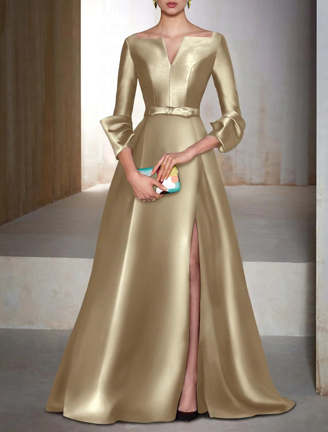 A-Line Evening Gown Elegant Wedding Guest Dress Cocktail Party Floor Length Long Sleeve V Neck Satin