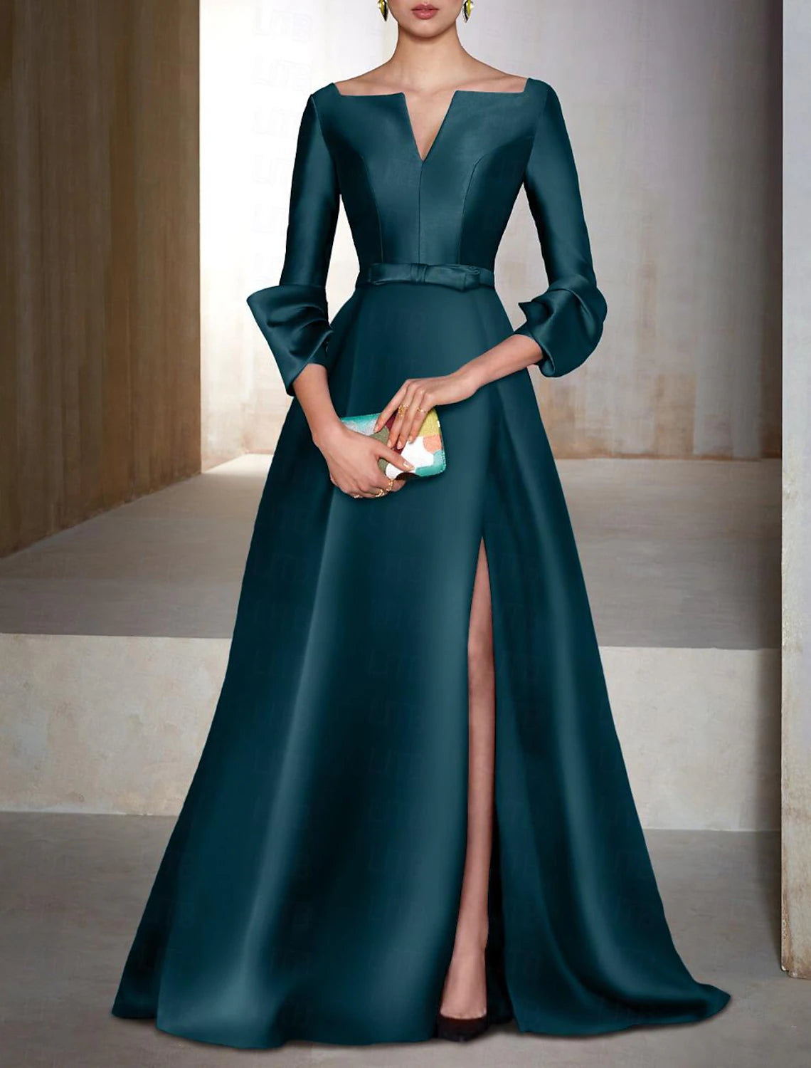 A-Line Evening Gown Elegant Wedding Guest Dress Cocktail Party Floor Length Long Sleeve V Neck Satin