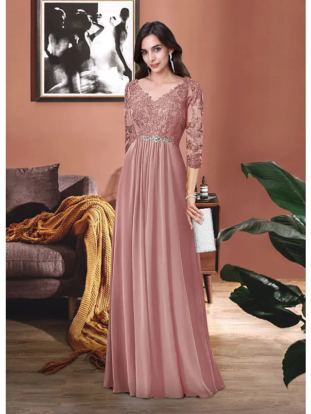 Mother of the Bride Dress Elegant V Neck Floor Length Chiffon Lace 3/4 Length Sleeve with Pleats Appliques Crystal Brooch