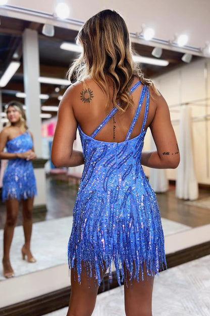 Cute Bodycon Scoop Neck Blue Sequin Long Prom Dresses with Beading