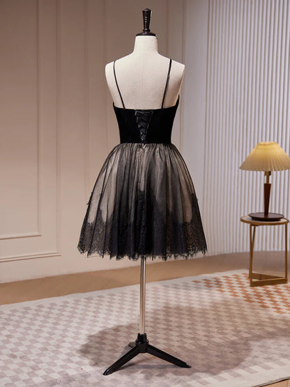 Black Tulle and Lace Straps Short Party Dress Homecoming Dress