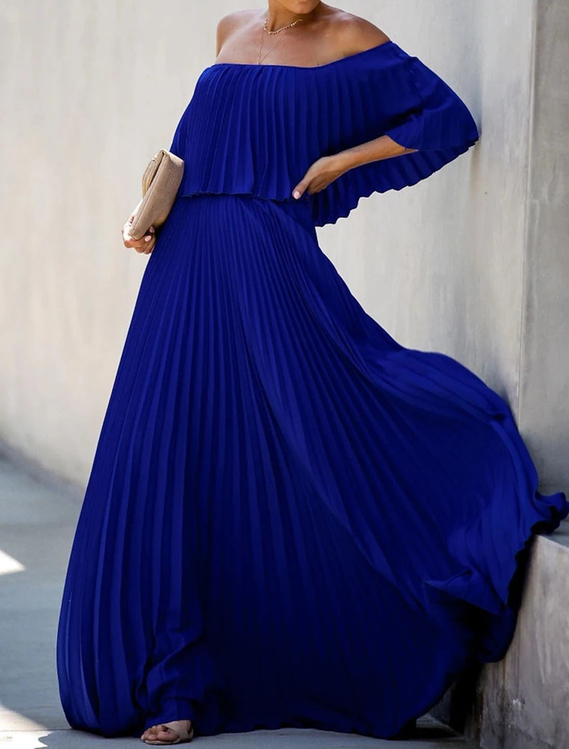 A-Line Wedding Guest Party Dress Floor Length Half Sleeve Off Shoulder Chiffon with Pleats Ruffles