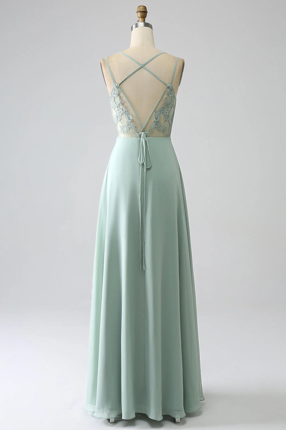 A-line Pleated Chiffon Long Lace Bridesmaid Dress