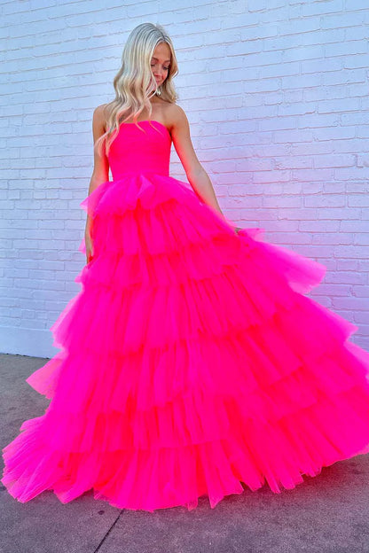 Strapless Pink Tulle Prom Dress A-Line Princess Ruffle Tiered Ballgown