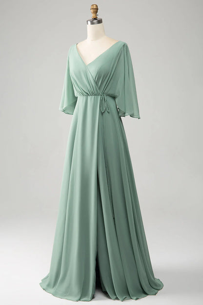 A-line V-neck Pleated Long Bridesmaid Dress Chiffon With Slit