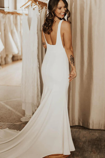 Long Square Neck Mermaid White Bridal Dress Train Dresses