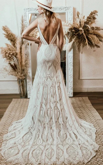 Beach Floral Mermaid V-Neck Plunging Boho Lace Wedding Dress Vintage With Court Train