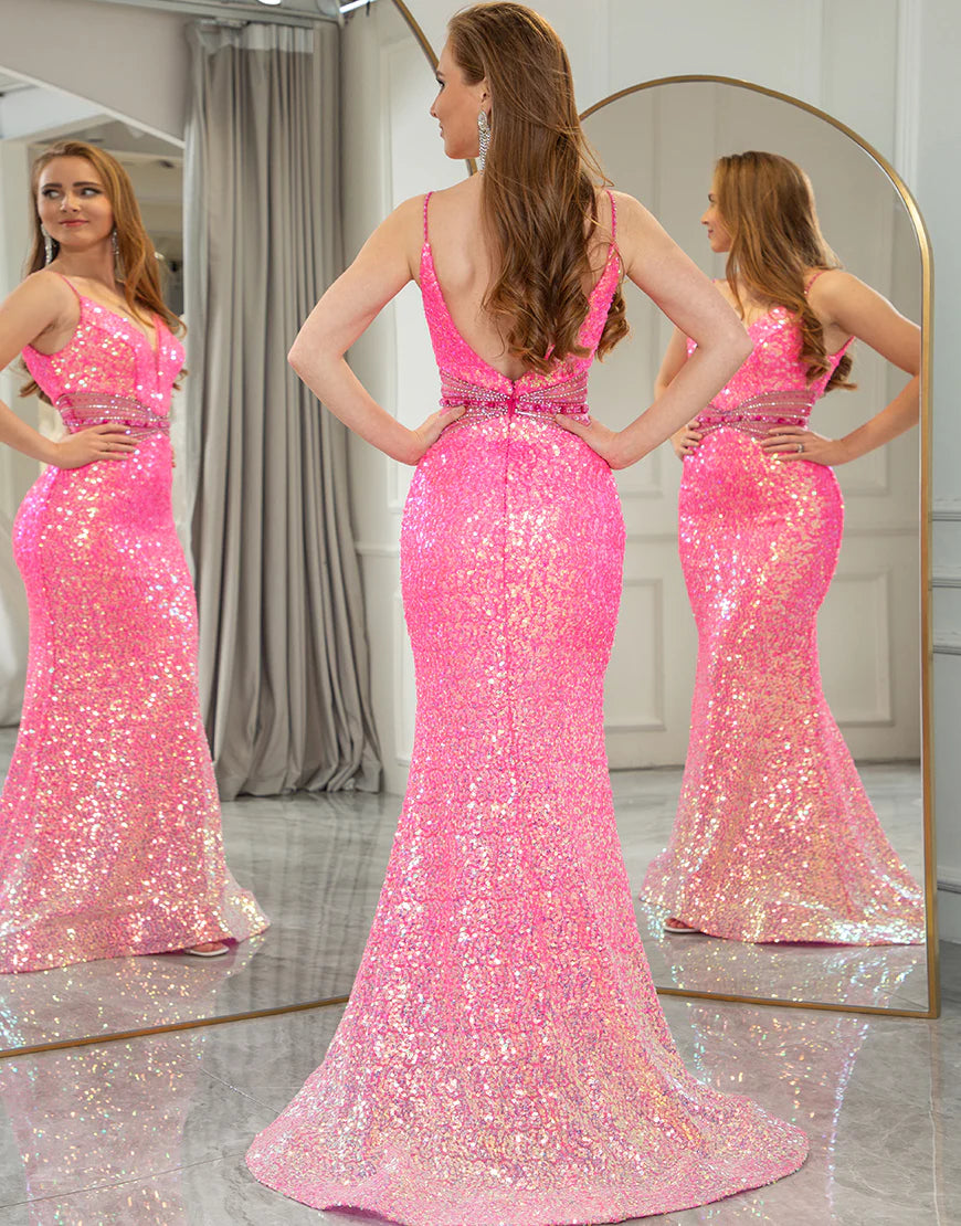 Sequins/Sparkling Mermaid Backless V-Neck Long Prom Dress