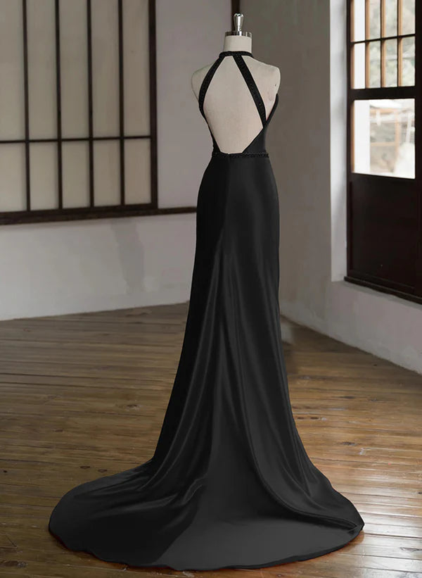 Black Halter Low Back Satin Long Evening Dress Simple Prom Dress with Sweep Train