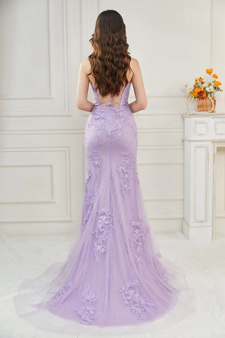 Long Mermaid Corset Prom Dress Lilac Spaghetti Strap Lace Dress