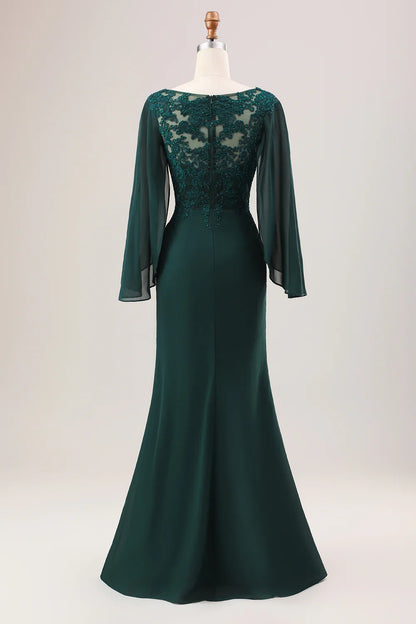 Glitter Dark Green Mermaid V-Neck Chiffon Long Sleeves Mother of Bride Dress