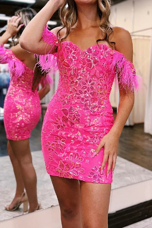 Hot Pink Sheath Lace Feathers Off-the-Shoulder Short Mini Corset Homecoming Dresses