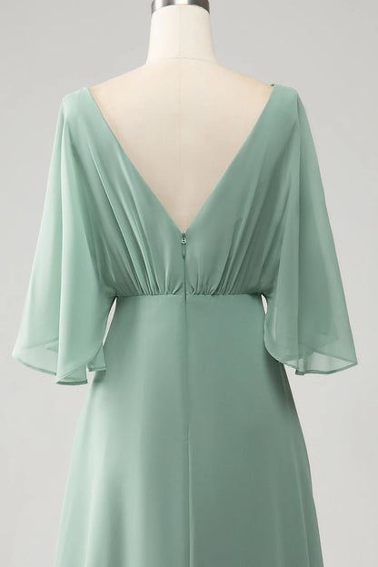 A-line V-neck Pleated Long Bridesmaid Dress Chiffon With Slit