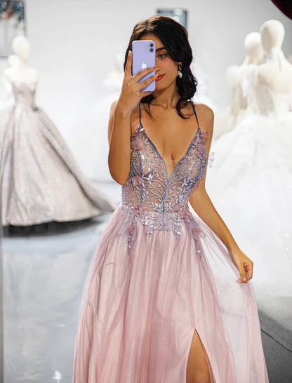 Side Slit 3D Beaded Prom Dress A-Line Princess Tulle Deep V-Neck Prom Dress