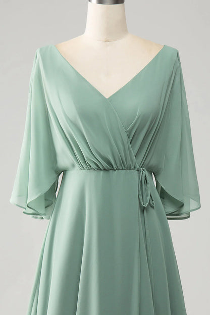 A-line V-neck Pleated Long Bridesmaid Dress Chiffon With Slit