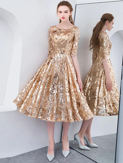 A-Line Elegant Sparkle & Shine Holiday Cocktail Party Dress Jewel Neck Half Sleeve Tea Length Sequined