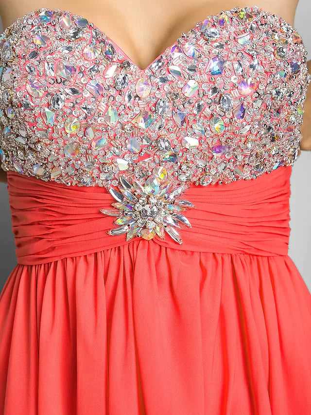 A-Line Beaded & Sequin Cute Cocktail Party Valentine's Day Dress Sweetheart Neckline Strapless Sleeveless Short Mini Chiffon with Ruched Crystals Beading