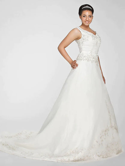 Ball Gown Wedding Dresses V Neck Court Train Organza Beaded Lace Regular Straps Formal Plus Size with Beading Embroidery