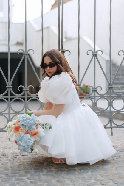 Cute A-Line Wedding Dress With Puffy Pearls Sleeves