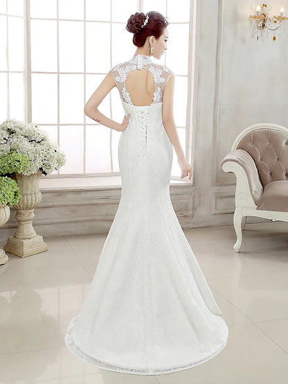 Wedding Dresses High Neck Lace Cap Sleeve Sexy Illusion Detail Backless with Beading Appliques