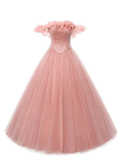 Ball Gown Prom Dresses Puffy Dress Quinceanera Floor Length Sleeveless Off Shoulder Tulle with Pearls Sequin