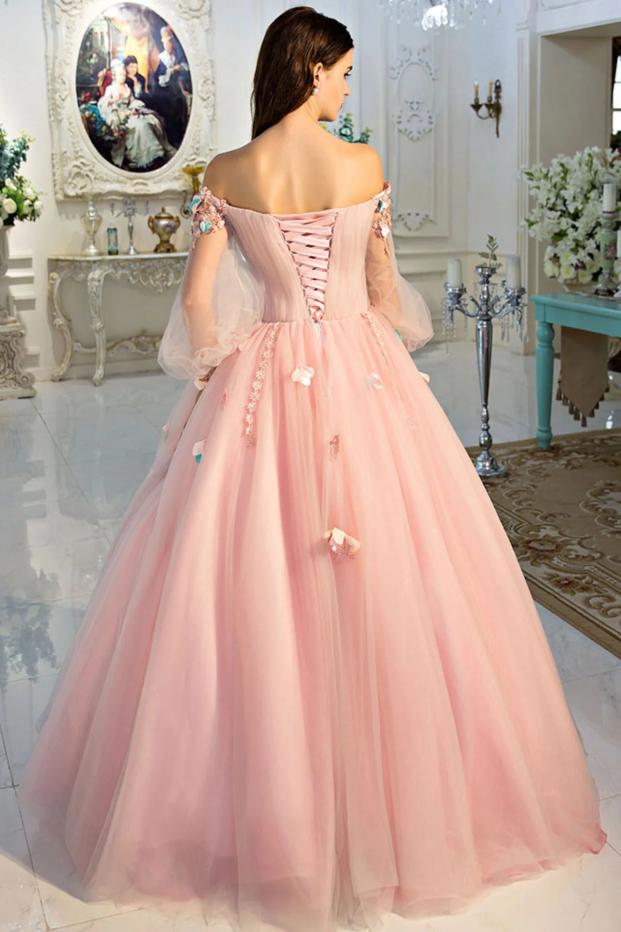 Pink Off Shoulder Tulle Long Prom Dress Ball Gown Sweet 16 Dress Quinceanera Dress