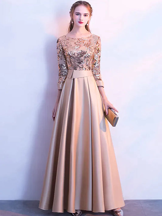 A-Line Glittering Elegant Prom Formal Evening Dress Jewel Neck 3/4 Length Sleeve Floor Length Satin with Sequin