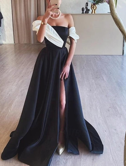 A-Line Evening Gown Prom Floor Length Sleeveless Off Shoulder Satin with Ruched Slit