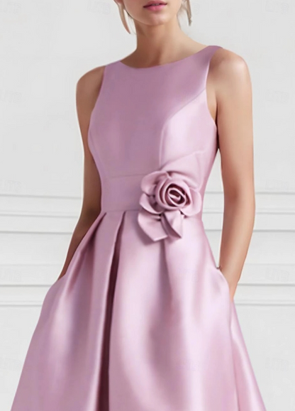 A-Line Wedding Guest Dress Floor Length Sleeveless Boat Neck Pink Dress Satin with Pocket