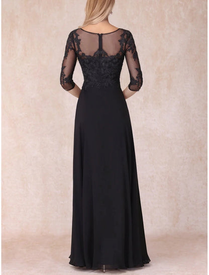 A-Line Mother of the Bride Dress Wedding Guest Elegant V Neck Lace 3/4 Length Sleeve with Ruching Solid Color