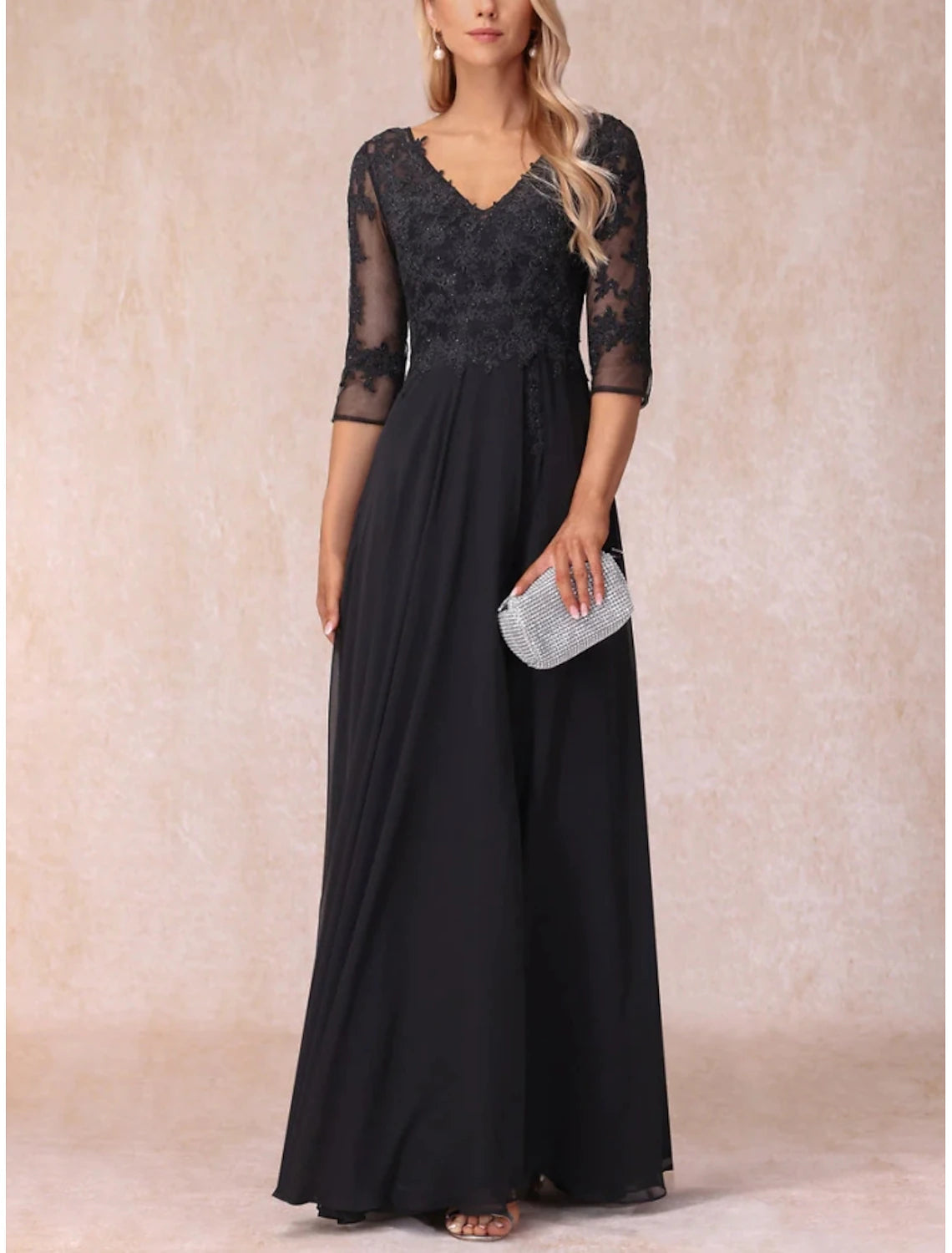 A-Line Mother of the Bride Dress Wedding Guest Elegant V Neck Lace 3/4 Length Sleeve with Ruching Solid Color