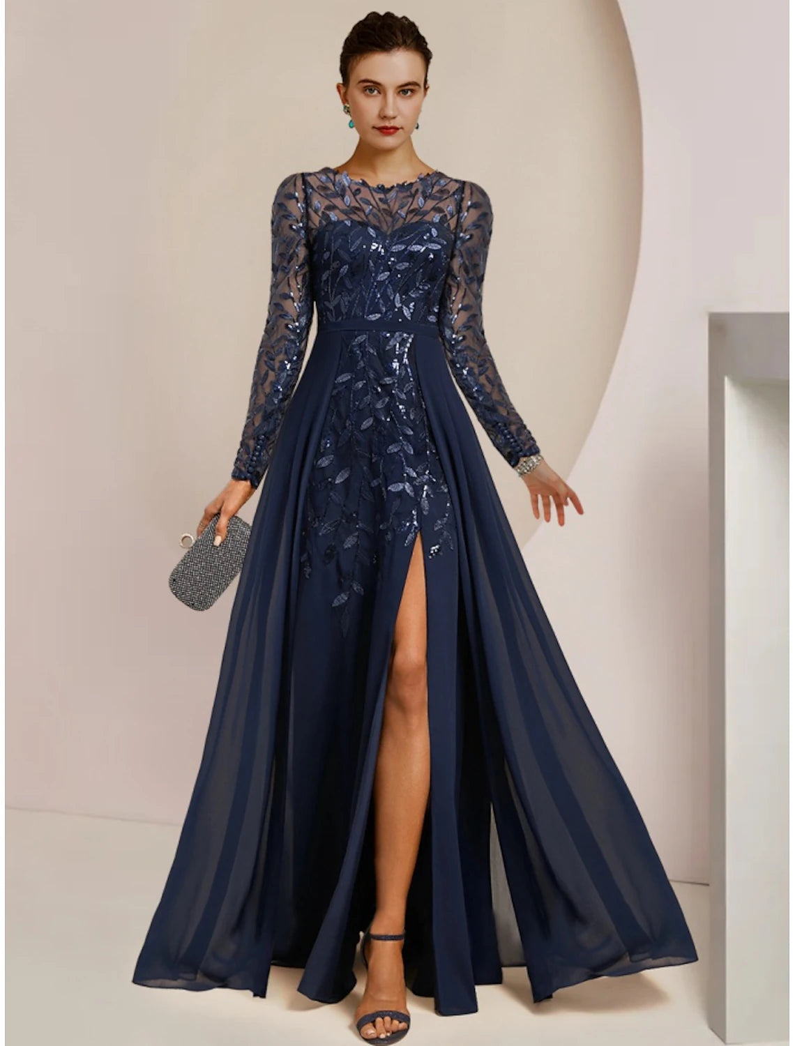 A-Line Mother of the Bride Dress Floor Length Chiffon Lace Sequined Long Sleeve with Split Front Ruching Solid Color