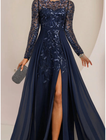 A-Line Mother of the Bride Dress Floor Length Chiffon Lace Sequined Long Sleeve with Split Front Ruching Solid Color