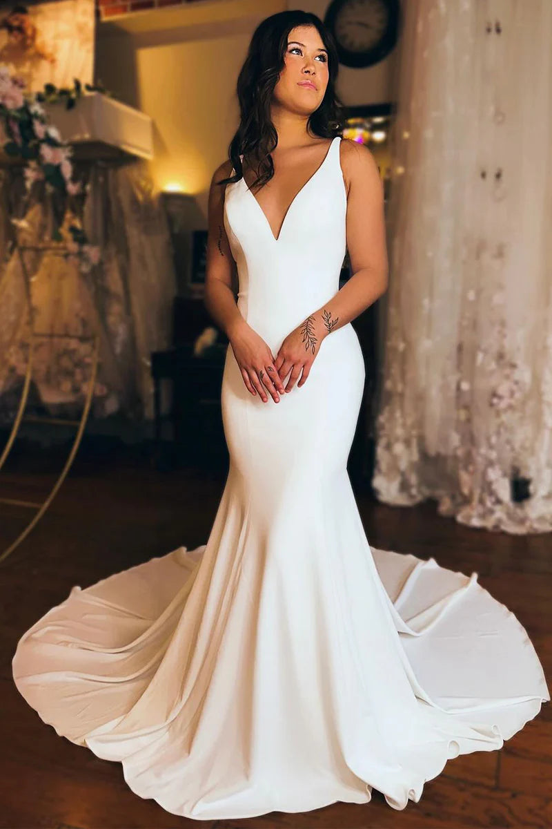 Simple Mermaid V Neck White Satin Wedding Dresses