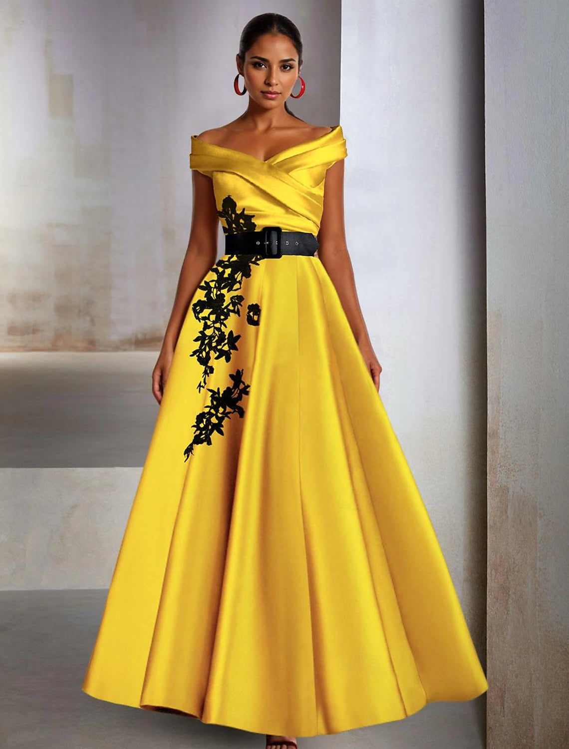 A-Line Evening Gown Wedding Guest Floor Length Sleeveless Off Shoulder Belt / Sash Satin with Slit Applique