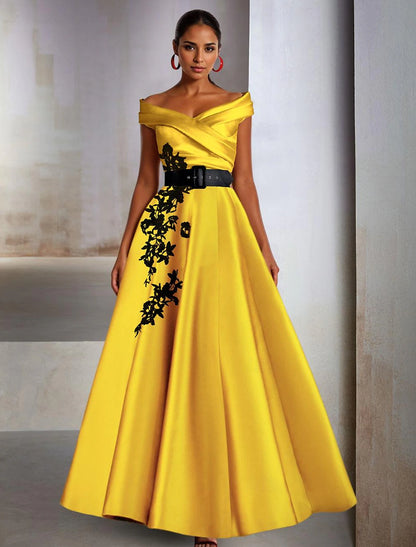 A-Line Evening Gown Wedding Guest Floor Length Sleeveless Off Shoulder Belt / Sash Satin with Slit Applique