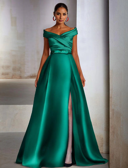 A-Line Evening Gown Wedding Guest Floor Length Sleeveless Off Shoulder Pocket Satin with Slit