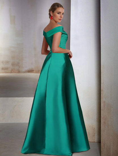 A-Line Evening Gown Wedding Guest Floor Length Sleeveless Off Shoulder Pocket Satin with Slit