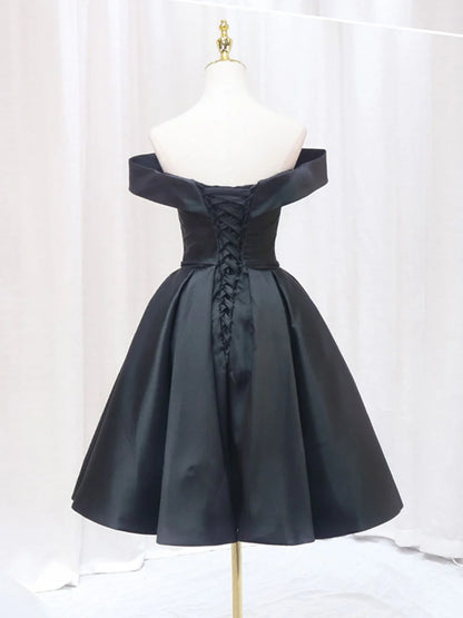 Black A-Line Off Shoulder Satin Short Prom Dress Black Cocktail Dresses