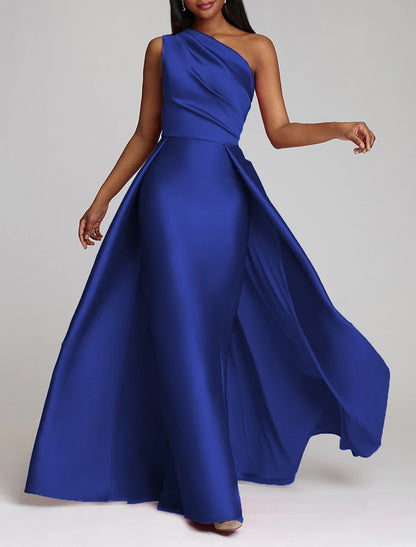 Sheath Evening Gown Wedding Guest Floor Length Sleeveless One Shoulder Satin with Overskirt Pure Color