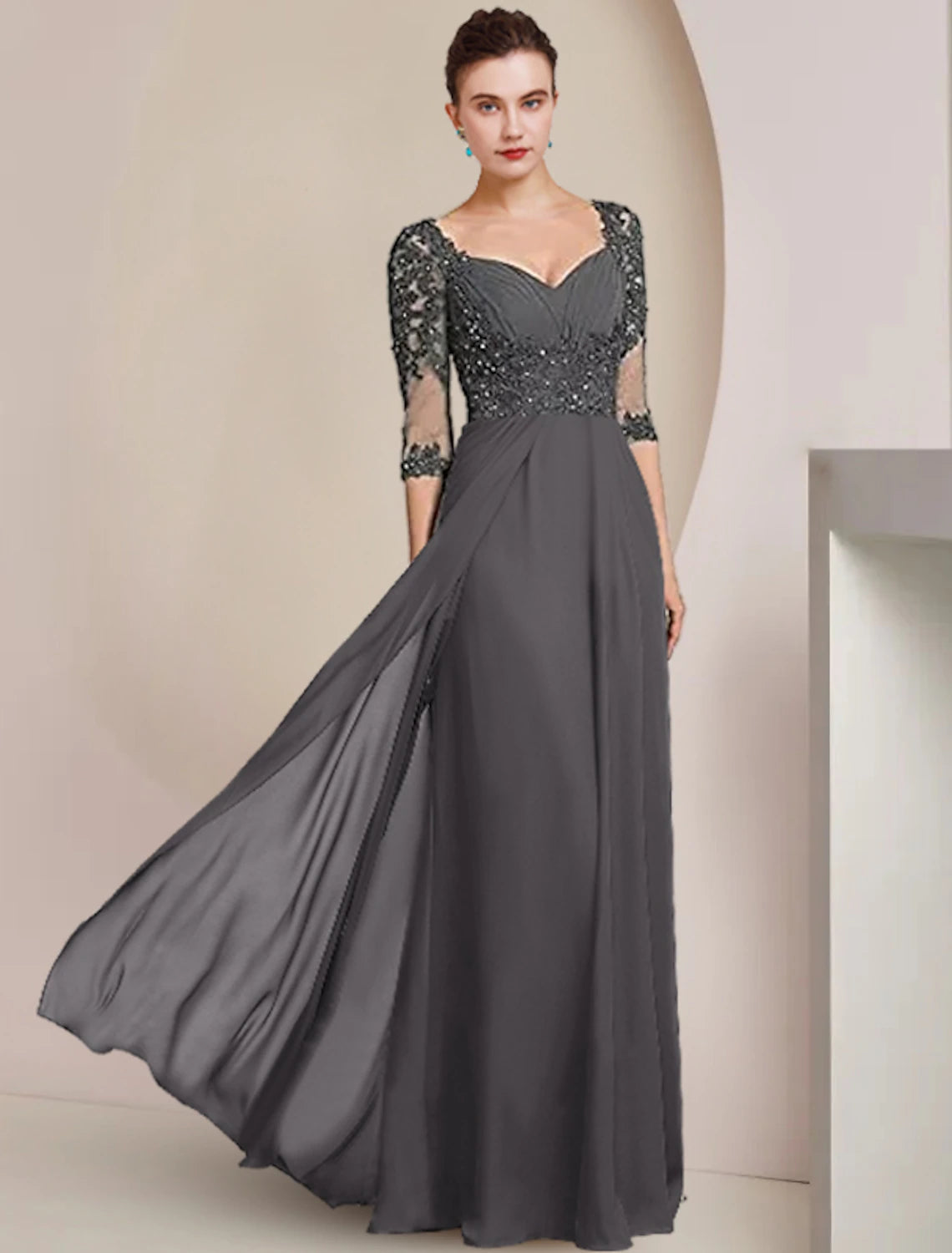 Sheath / Column Mother of the Bride Dress Formal Wedding Guest Elegant Square Neck Floor Length Chiffon Lace Sequin Appliques Ruching