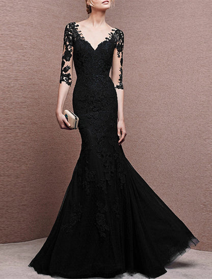 Mermaid / Trumpet Evening Gown Floor Length Half Sleeve V Neck Tulle with Buttons Appliques