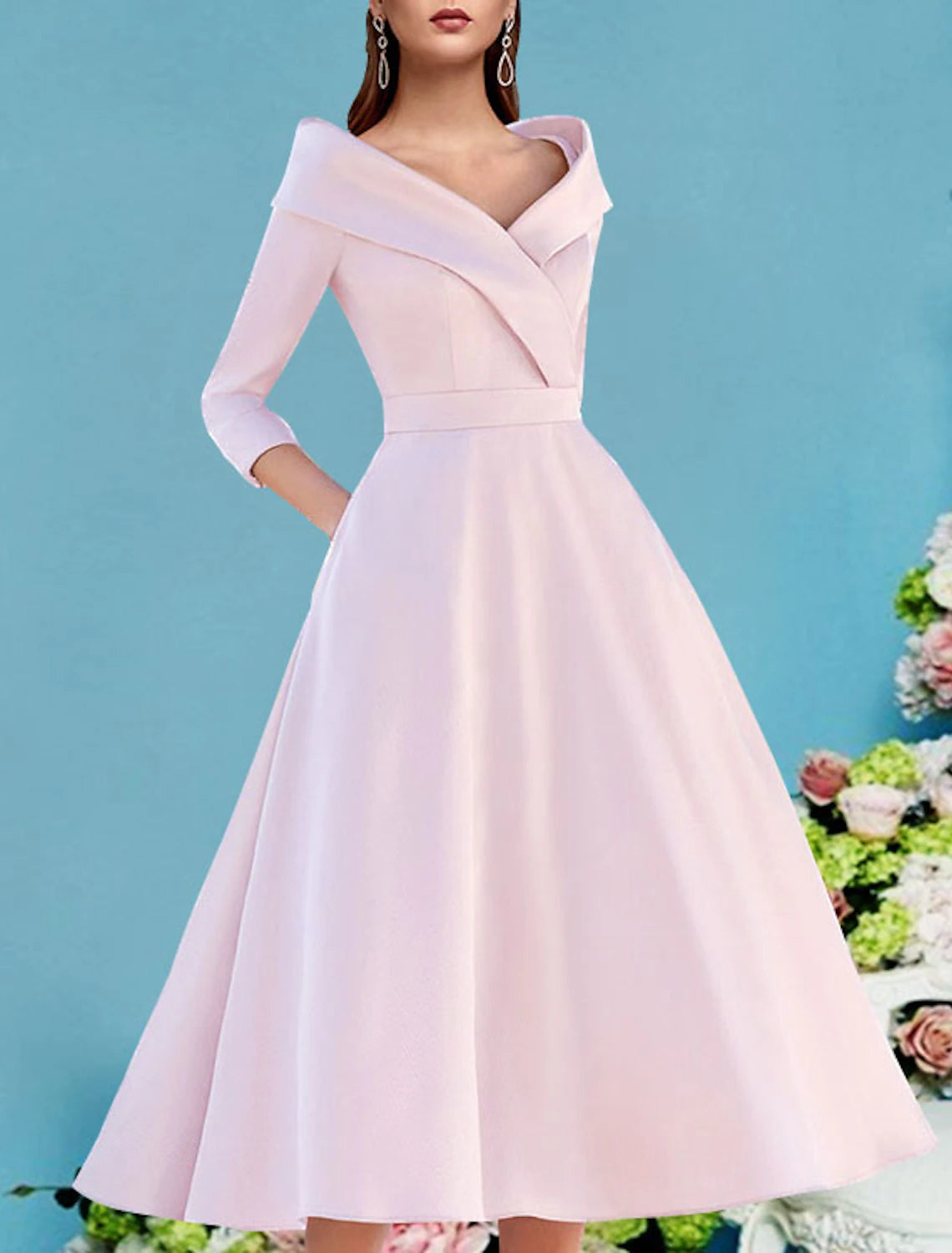 A-Line  V Neck Tea Length Satin Mother of the Bride Dress Wedding Guest Elegant Vintage with Pleats